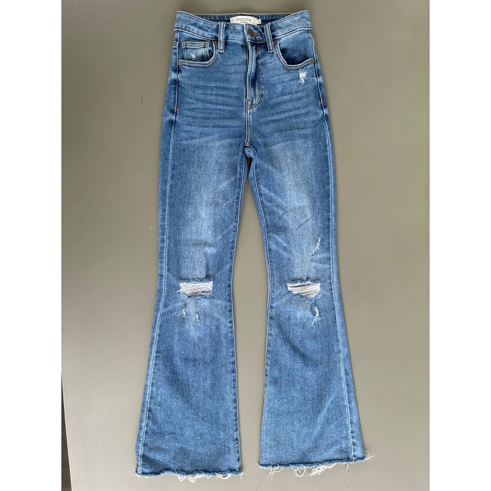 Hidden Jeans High Rise Distressed Flare Jeans Blue Medium Wash 23 Y2K Boho